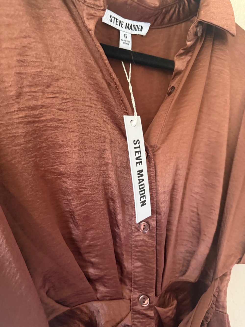 Steve Madden Rust-Brown Midi Shirt Dress with Tie Waist - Picture 2 of 7